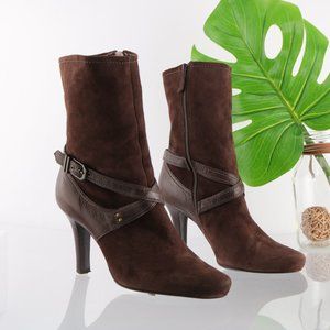 Cole Haan Dress Fashion Bootie Women 8 High Heel Brown Suede Harness Straps Zip